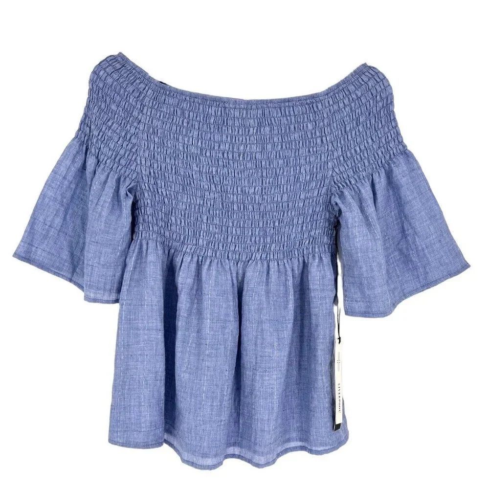 Liverpool Off The Shoulder Top Blue Chambray Smocked Short Sleeve Small Casual - Picture 2 of 16